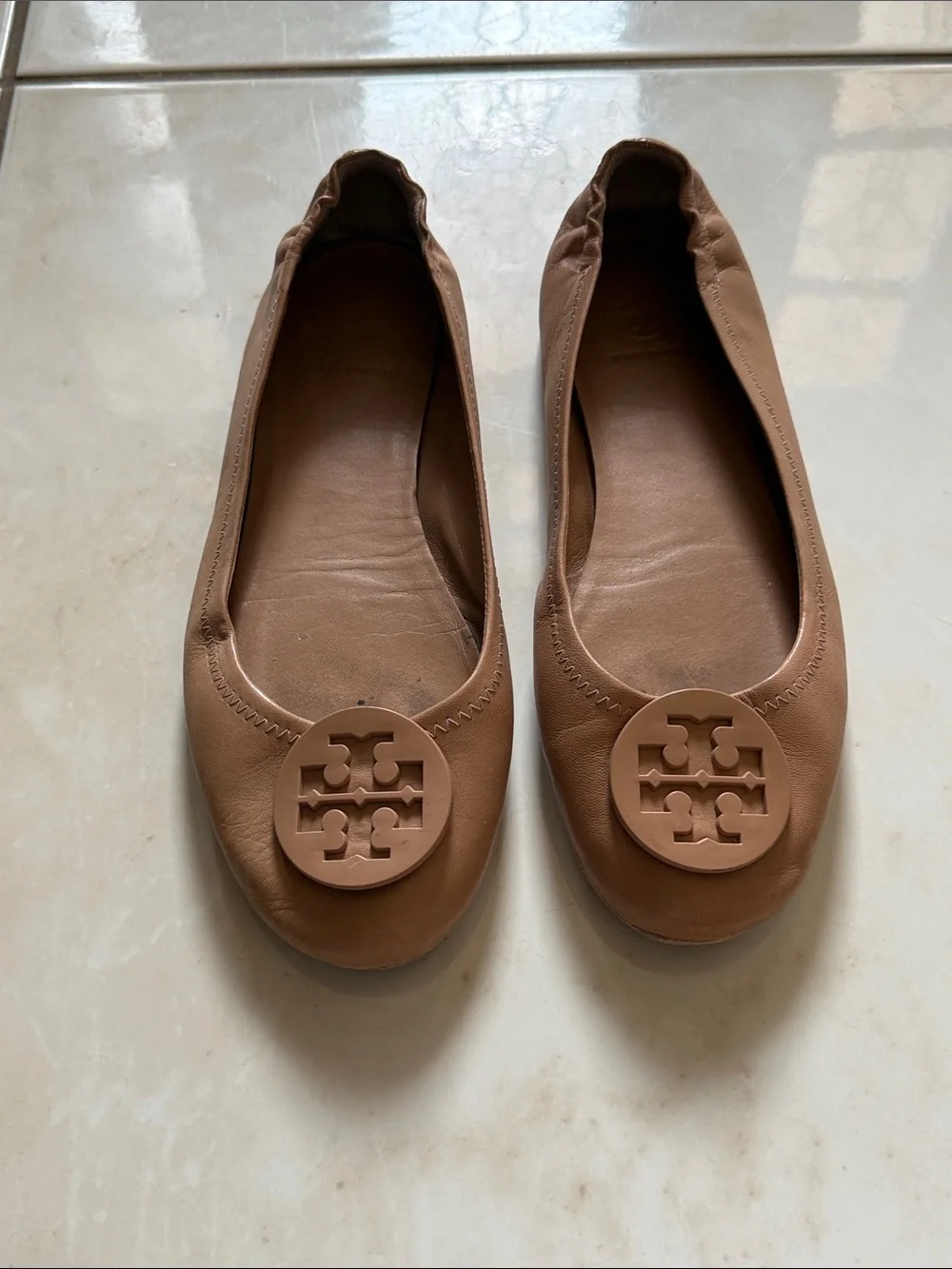 Tory Burch Cognac Leather Logo Ballet Flats